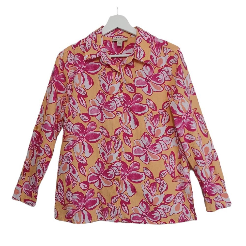 Appleseeds Petites Womens Pink Orange Floral Button Down Roll Tab Shirt PS